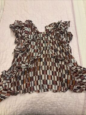 Isabel Marant Ruffled Geometric Patchwork Top in Brown, Cream & Rust